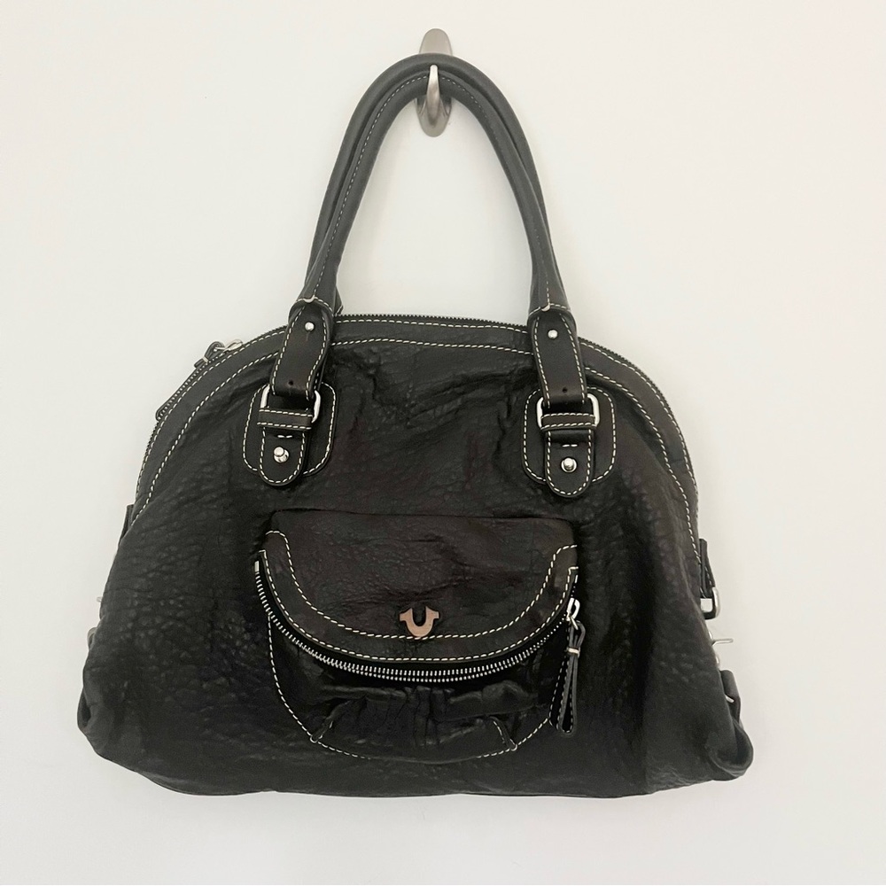 Rare True Religion Dark Brown Pebbled Leather Handbag Shoulder Bag Purse READ L